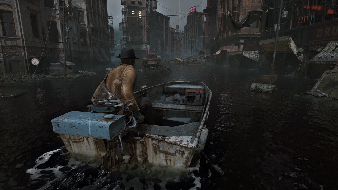 Flooded Arkham streets at the start of The Sinking City 2